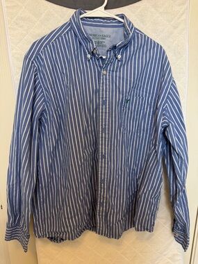 American Eagle Outfitters Blue and White Vertical Stripe Button-Down Shirt